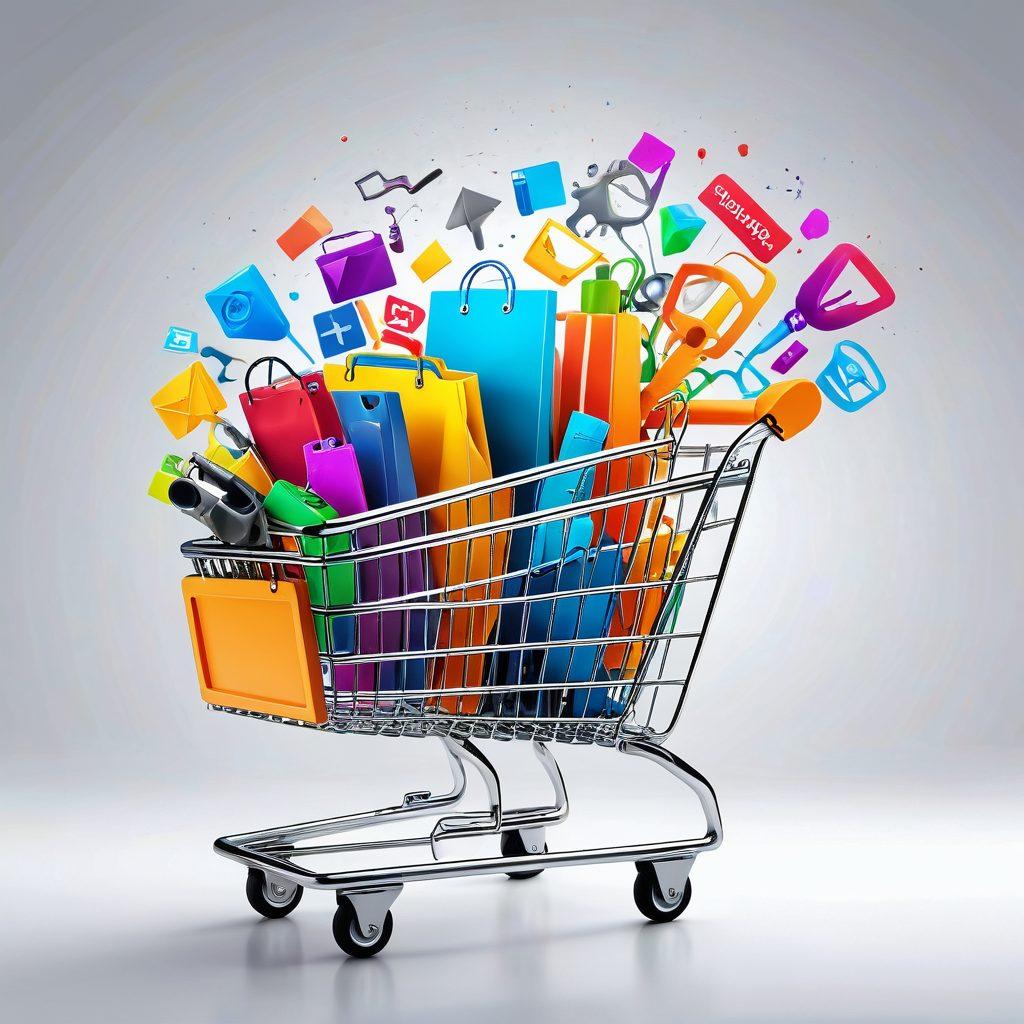 A modern shopping cart filled with colorful and diverse products from an online store, accompanied by a glowing key symbolizing the secrets to savvy online shopping. The background features a digital interface with shopping icons and a vibrant, tech-inspired aesthetic that invites exploration. super-realistic. vibrant colors. white background.
