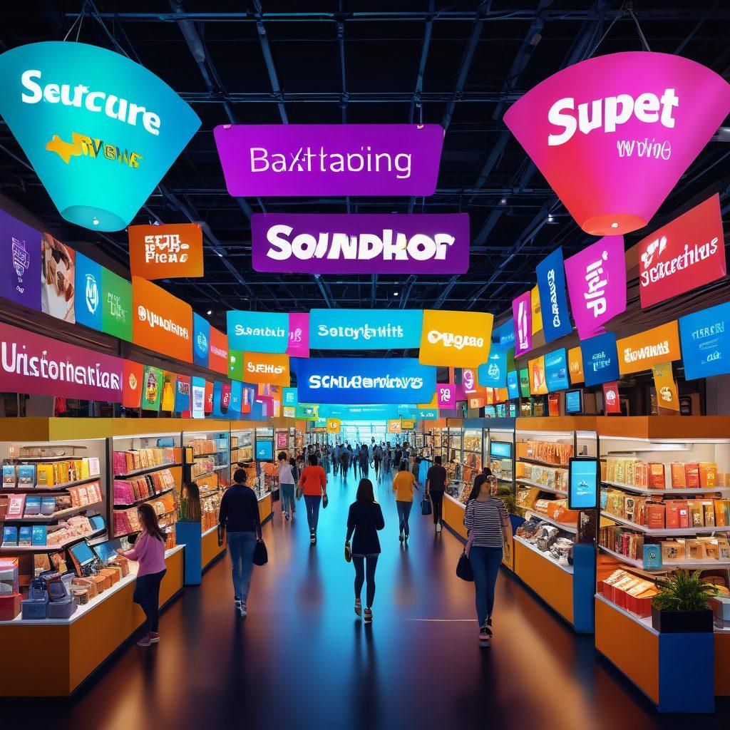 A bustling digital marketplace scene displaying diverse shoppers browsing various vibrant online stores on their devices, with attention-grabbing banners and colorful product displays. Enhancements include a friendly shopping assistant avatar guiding shoppers, alongside vibrant icons representing secure payment methods, and engaging customer reviews popping up around the scene. The atmosphere is lively, conveying a sense of exploration and excitement in online shopping. super-realistic. vibrant colors. 3D.
